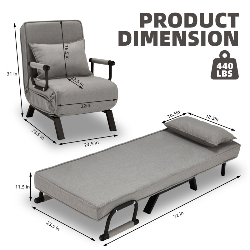 Convertible Sofa Bed Sleeper Chair, Single Person Chaise Lounge Couch W/ Pillow, Foldable Sofa Arm Chair W/ 6 Angles Adjustable Backrest, Folding Bed For Office Guest Room