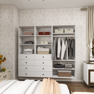 White Modular Walk in Closet Organizer System with rod 9shelves and 12 drawers