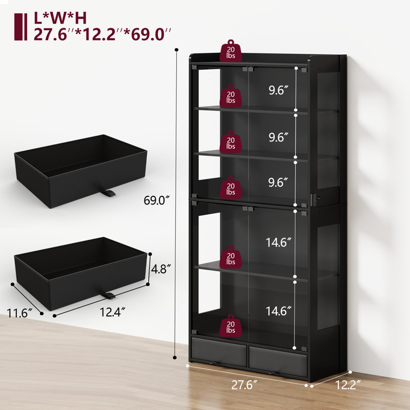 Glass Display Cabinet 69''H with LED Lights, 5-Tier Showcase with Drawers, Collectible Figure Display Case, Freestanding Curio Cabinet, Tall Storage Shelves, Black, 27.6''W