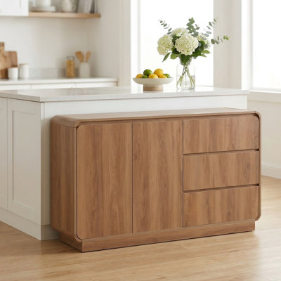 Modern Light Walnut Finish Sideboard with Two Cabinet Doors and Three Drawers, Versatile 55-Inch Wide Storage Cabinet for Dining Room, Living Room, or Entryway Organization and Display
