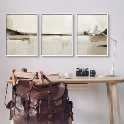 Abstract Beige Landscape 3 Piece White Framed Giclee Art Set by Ros Ruseva