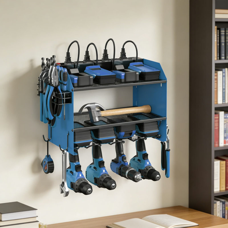 Support mural modulaire pour outils électriques avec station de charge et multiprise à 8 prises, Bleu