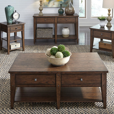 Table basse en bois massif et manufacturé Laron avec tiroirs traversants 