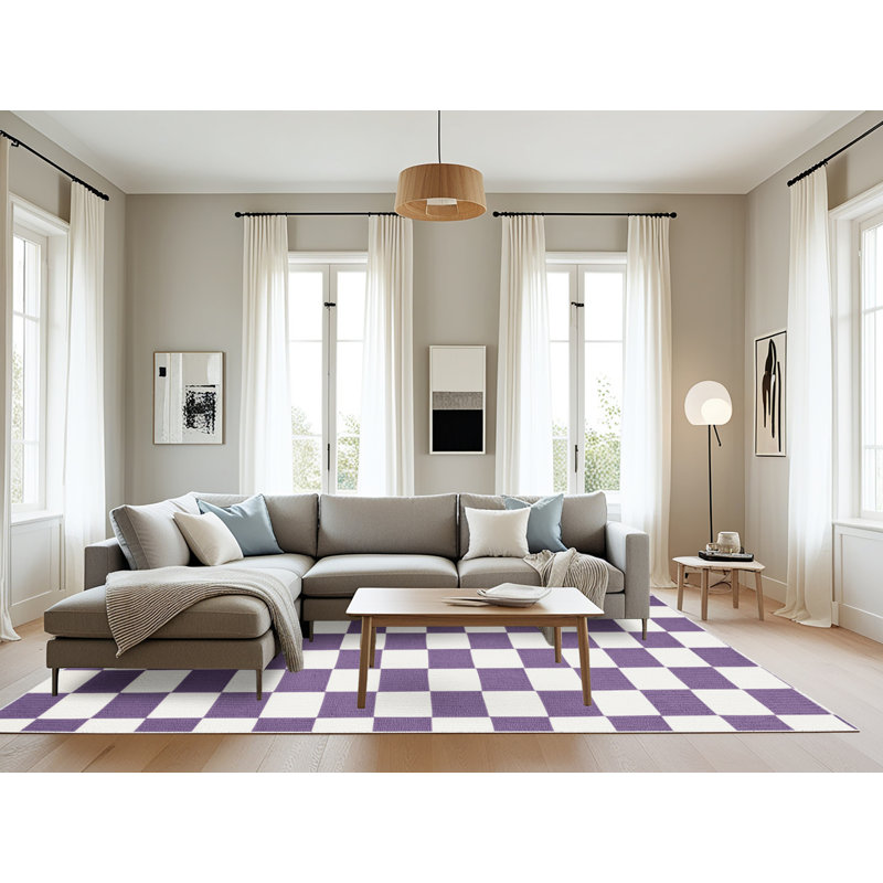 Machine Washable Checkered White Area Rug, Rectangle 8' x 10'