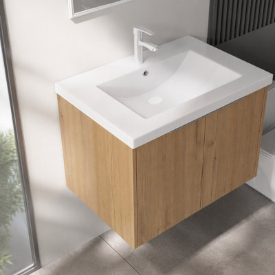 Meuble-lavabo flottant 30 po avec lavabo, porte à fermeture en douceur, lavabo en céramique, contreplaqué, chêne