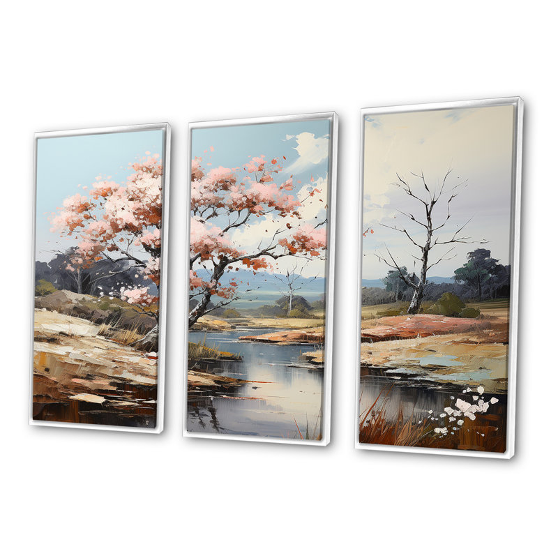 «Pink Trees Blooming In Country Charm» - ensemble d'art mural arbre, Cadre flottant blanc, H 32 po x l 48 po x P 1 po