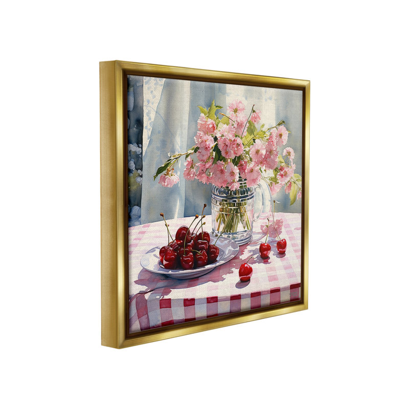 "Spring Still Life On Plaid" par RB sur toile, Cadre flottant métallique doré, H 25 po x l 25 po