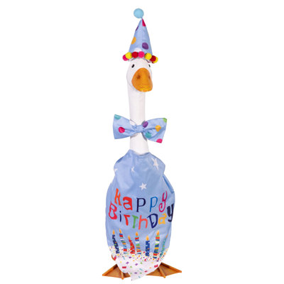 Giddy The Goose, Metal Porch Statue With Blue Birthday Outfit, 21in. H