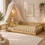 Lit Montessori en bois massif, taille standard, pour la transition vers le lit d'enfant, avec barrière et porte incluses.-1383129927
