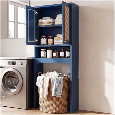 Armoire de rangement autoportante au-dessus de la toilette avec 2 portes en rotin