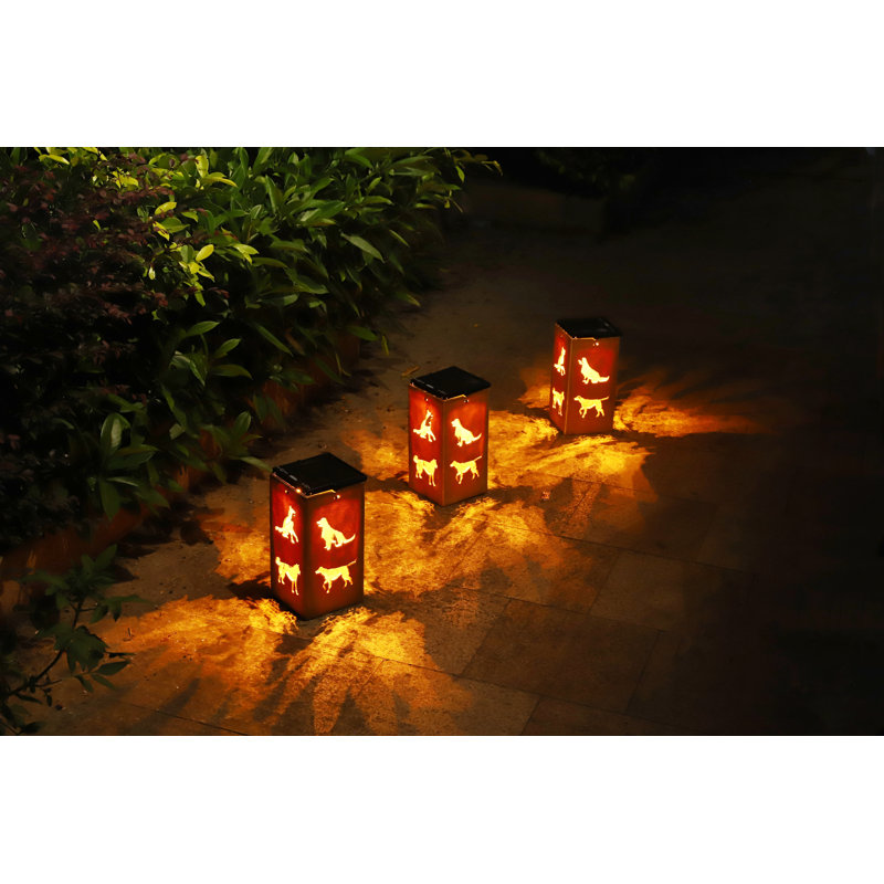 Brown Plastic Solar LED Outdoor Lantern with Dog Silhouettes