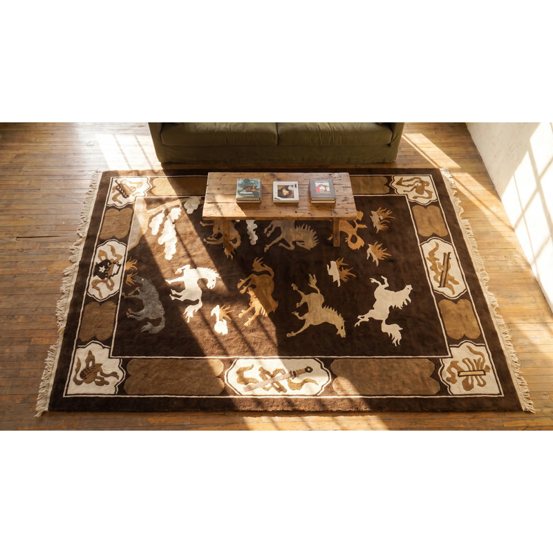 Brown Room Size Horse Pattern Antique Chinese Wool Animal Rug