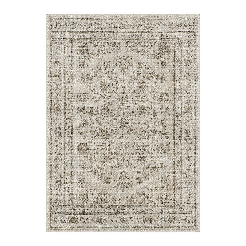 Abrahamson Florette Floral Inspired Machine Washable Beige Indoor Area Rug with Non-Slip Backing, Rectangle 5' x 7'