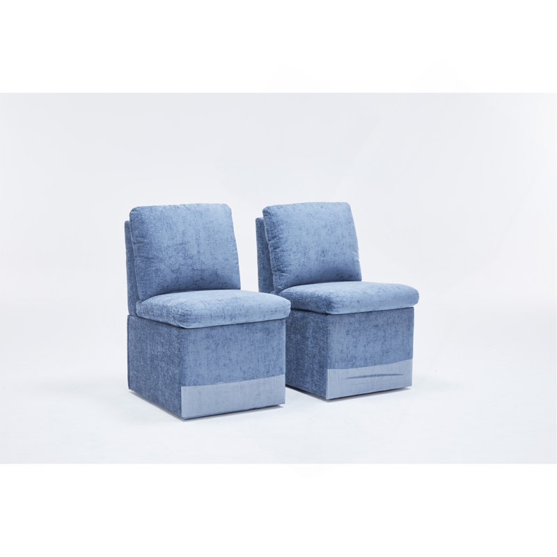 Chaise de salle à manger rembourrée en lin avec roulettes et espace de rangement - ensemble de 2, Bleu
