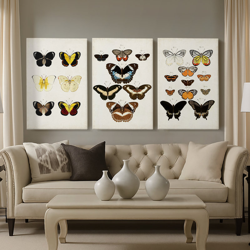 Papillons rétro I - Toile tendue avec châssis sur mesure - 3 pièces, H 18 po x l 36 po