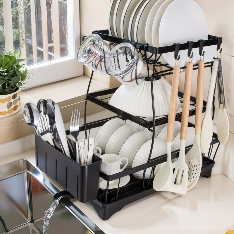 3-Tier Black Metal Dish Drying Rack with Utensil Cup