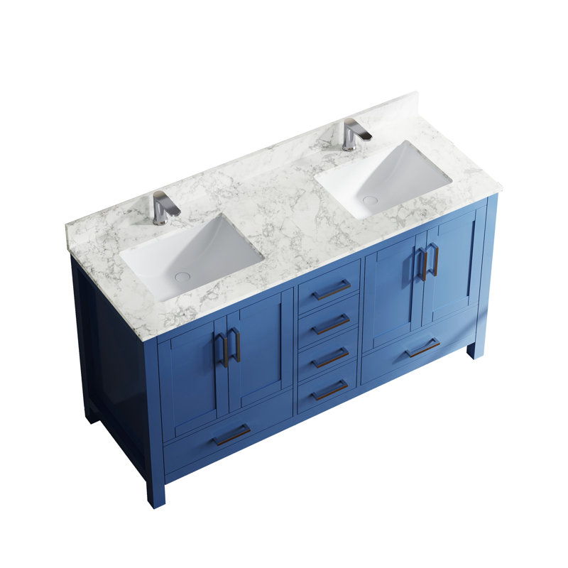 Meuble-lavabo 59 po, bleu, lavabo double, trou de robinet, rangement 4 portes 6, bois massif multifonctionnel caché, contreplaqué, lavabo rectangulaire en céramique, look minimaliste moderne, poignées rétro,
