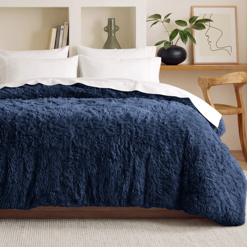 Shaggy Fleece Plush Duvet Cover, Twin XL Duvet Cover, Dark Blue