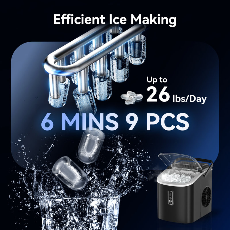 Simzlife 26Lbs. Daily Bullet Ice Countertop Ice Maker Ice Machine With Handle,Self-Cleaning Ice Makers, 26Lbs/24H, 9 Ice Cubes Ready In 6 Mins For Home/Kitchen/Bar/RV/Party/Camping