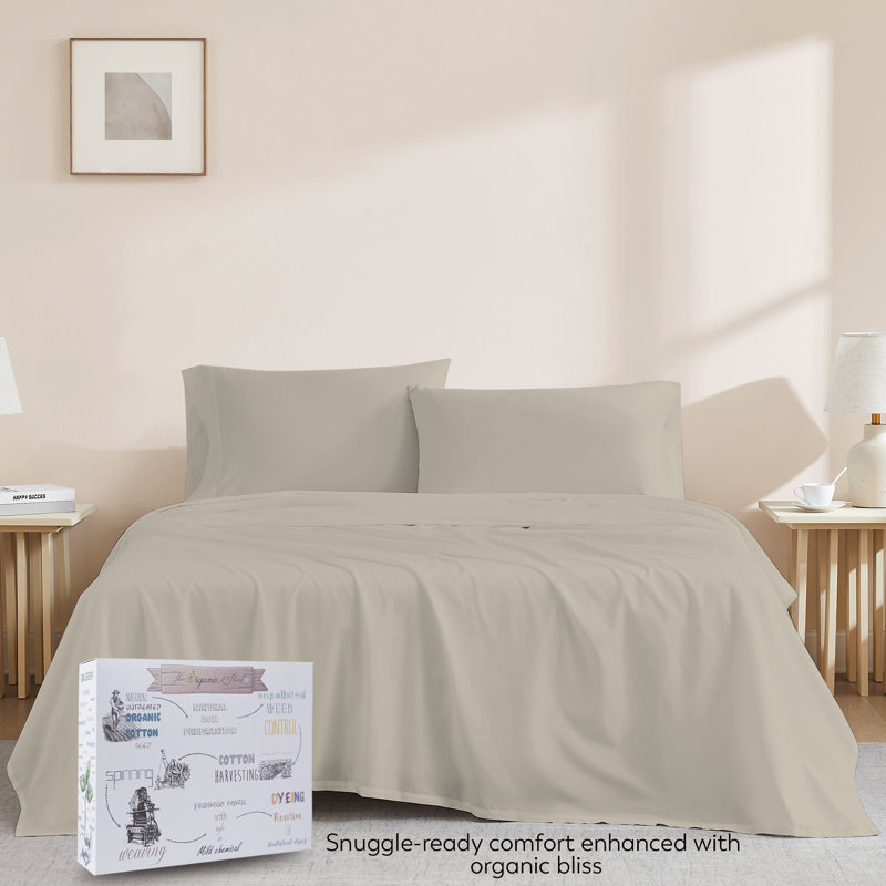 Sustainable 100% Organic Cotton Breathable & Lightweight Deep Pocket Sheet Set, Twin XL, Beige