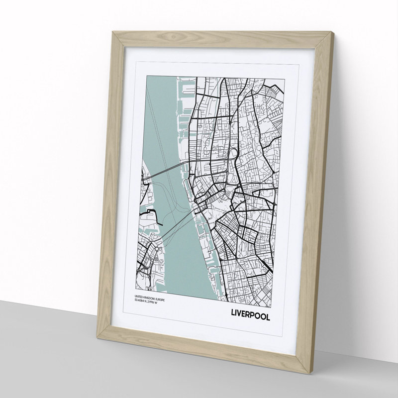 Map Liverpool UK - Picture Frame Graphic Art, 65cm H x 48cm W x 2cm D, Oak