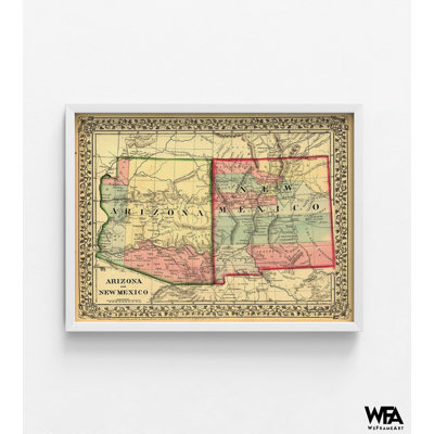 Arizona And New Mexico 1867, Colourful Arizona Map Poster, Mexican Map Print, North American Print, Mexican Wall Art, USA State Poster8x10"