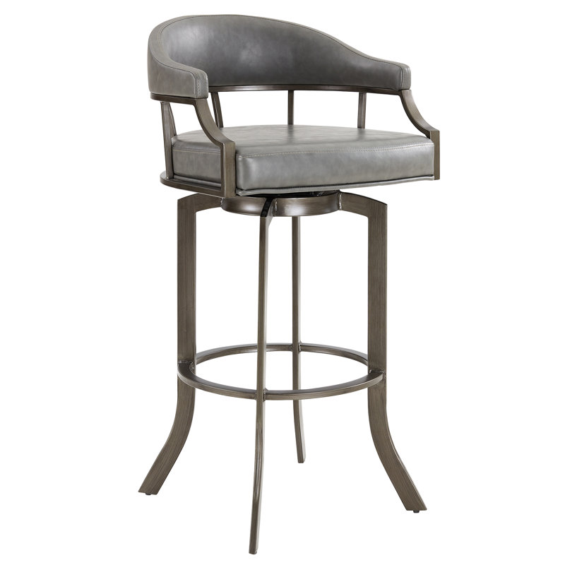 Quarryville Swivel Faux Leather Bar & Counter Stool With Metal Base and Arms, Counter Stool (26" Seat Height), Gray