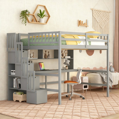 Full Size Loft Bed With Built-in Desk, Bookshelves And Storage Staircase For Kids,teens,adults