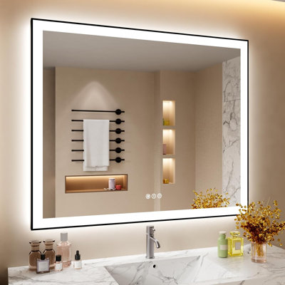 Miroir de salle de bain à DEL avec cadre noir, rétro-éclairé et miroirs de salle de bain éclairés
