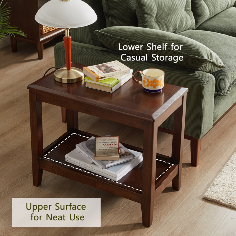 Table d'appoint rustique en bois d'hévéa, table de chevet ouverte à 2 niveaux avec rangement pour canapé, support multifonctionnel pour plantes d'intérieur pour les espaces de salon
