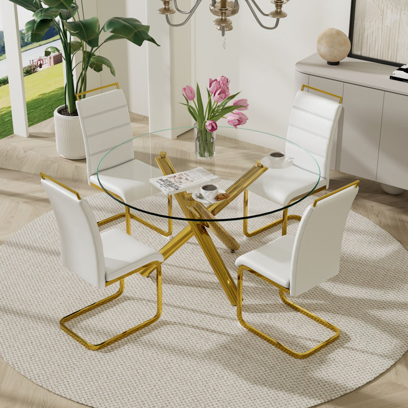5 - Piece Round Pedestal Dining Set, White/Gold, Gold