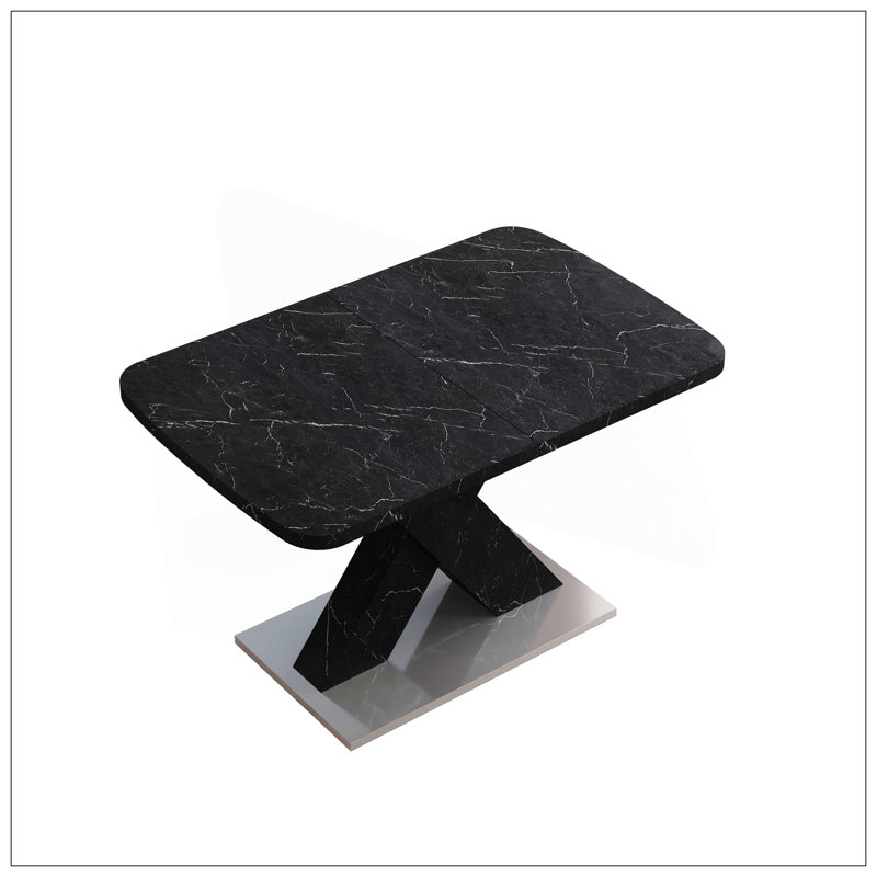 Table de salle à manger carrée moderne, extensible, plateau de table en marbre noir imprimé et pied de table en MDF en X avec base en métal