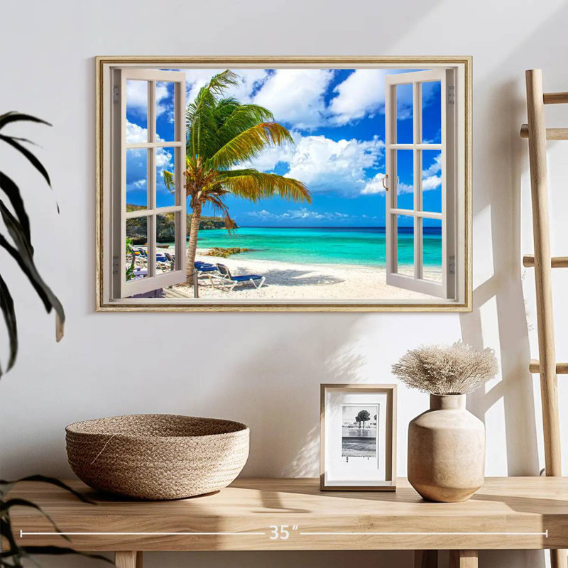 Window Scene, 25" X 17", Floating Frame Natural Wood
