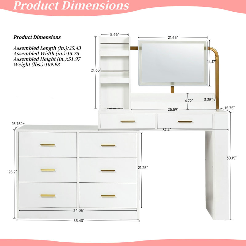 White Makeup Vanity Desk with LED & 8-drawer