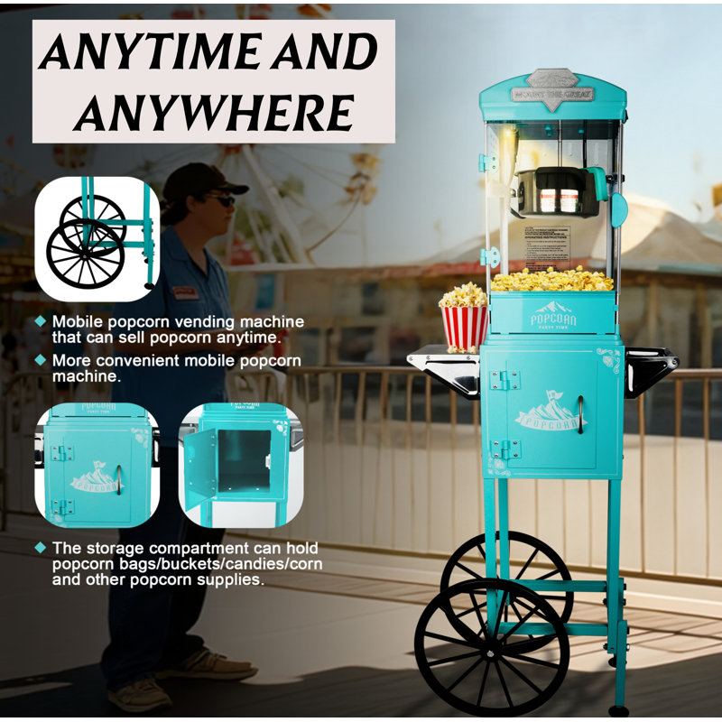 Machine à maïs soufflé avec chariot, roues et bouilloire 10 oz mesurant 3 cuillères en plastique, Bleu