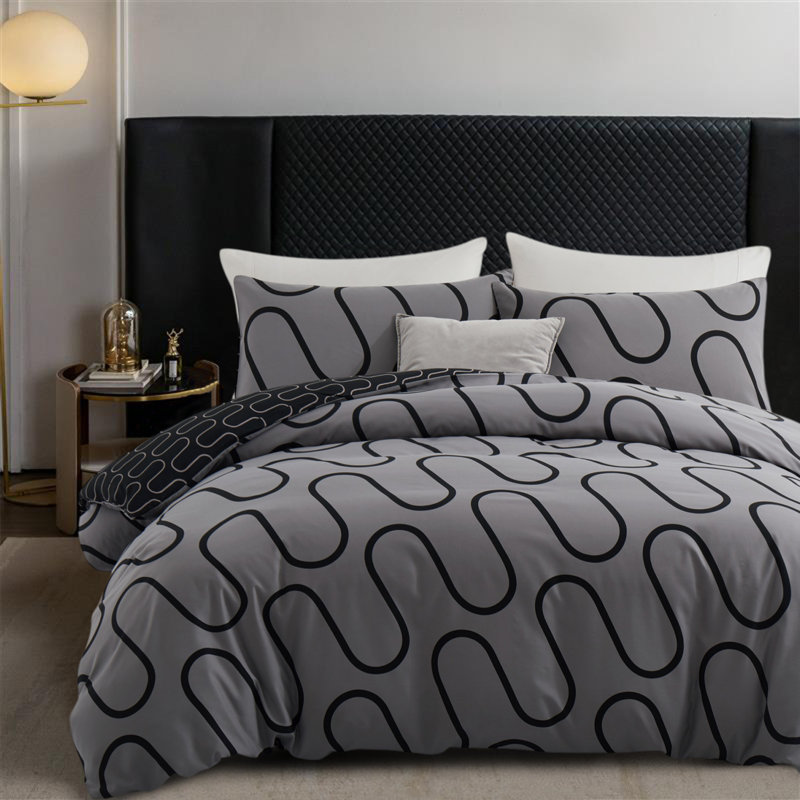 Ultra Soft Microfiber Dual Pattern Reversible Duvet Cover With Matching Pillow Covers, Black/Grey Wave