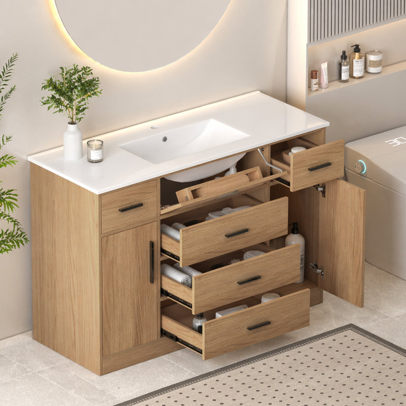 Meuble-lavabo 48 po en chêne clair. Armoire de rangement abondante - 2 portes à fermeture douce et 6 tiroirs