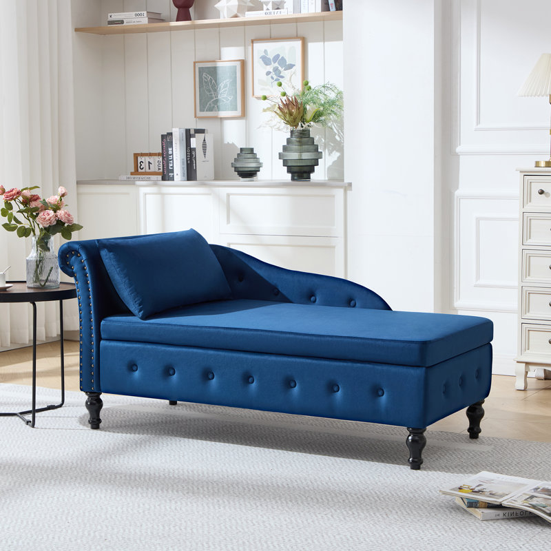 Chaise longue en velours Eastham, Bleu, Orienté à droite