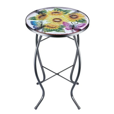 Patio Side Table Outdoor Plant Stand Round Mosaic Glass Table Sunflower Pattern Garden by Red Barrel Studio