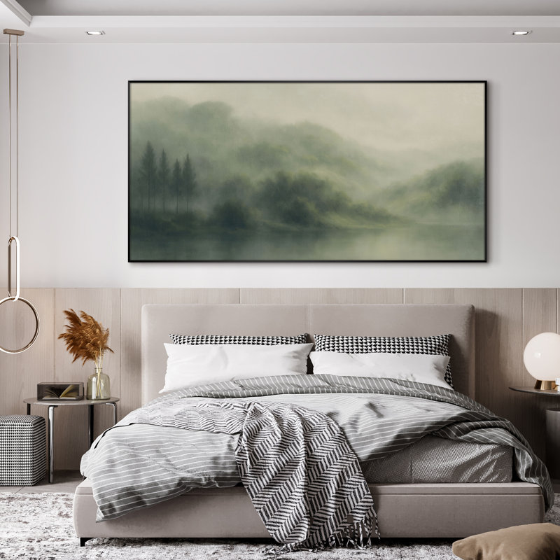 Très grande reproduction d'art sur toile - Misty Forest Hills and Lake Morning, décor de paysage pour le salon ou la chambre à coucher - «Assemblage requis du cadre (cadre non fini)»
