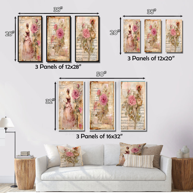 Victorian Lady Roses Wall Art, 3-Piece Print Set - Victorian Lady Pink Roses Rustic Vintage, Wrapped Canvas, 28" H x 36" W