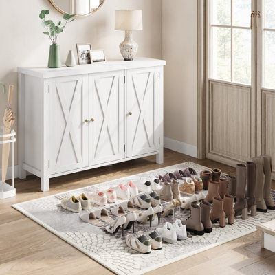 Spacious 4-Tier Shoe Storage Cabinet – Wooden Organizer with 3 Doors, Adjustable Shelves, Large Capacity for Entryway or Hallway – Farmhouse Modern Style – Freestanding – Color: White