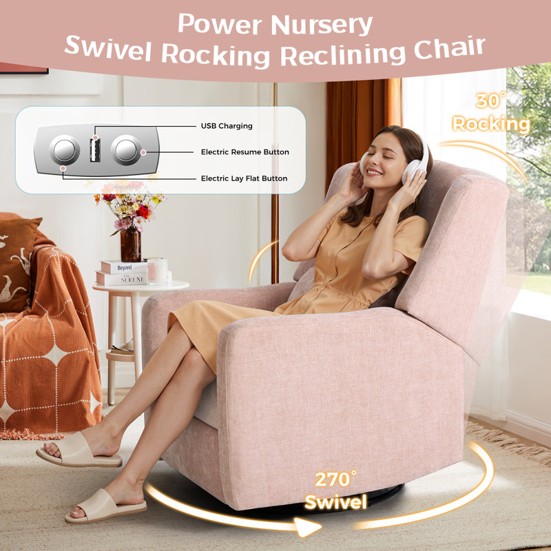 31.4"W Pink Swivel Glider Power Recliner Chair with USB, Modern Electric Recliner Armchair for Nursery & Living Room