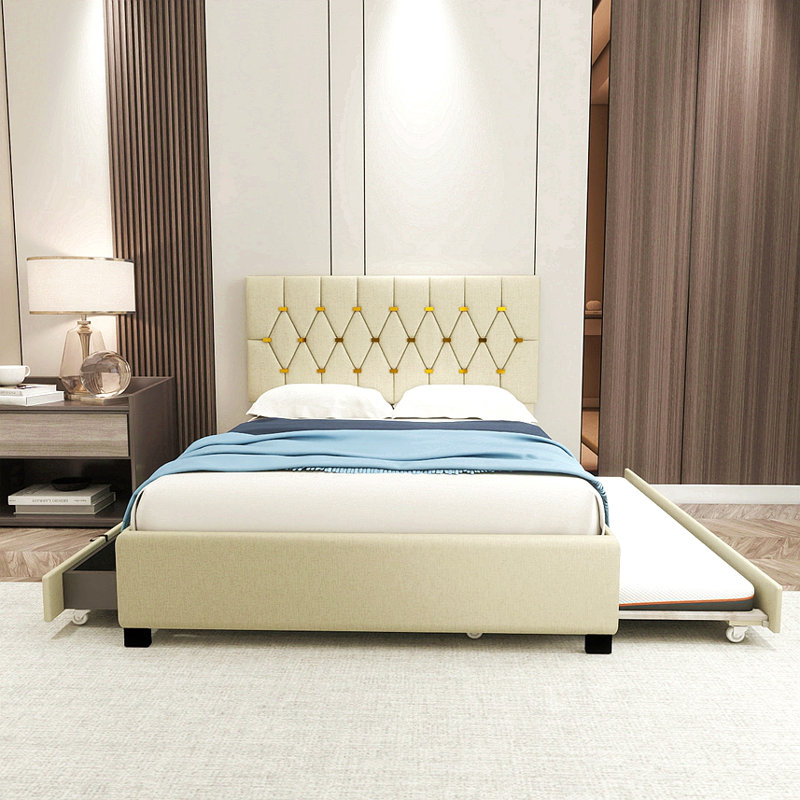 Grand lit moderne en velours avec lit gigogne double et 2 tiroirs de rangement