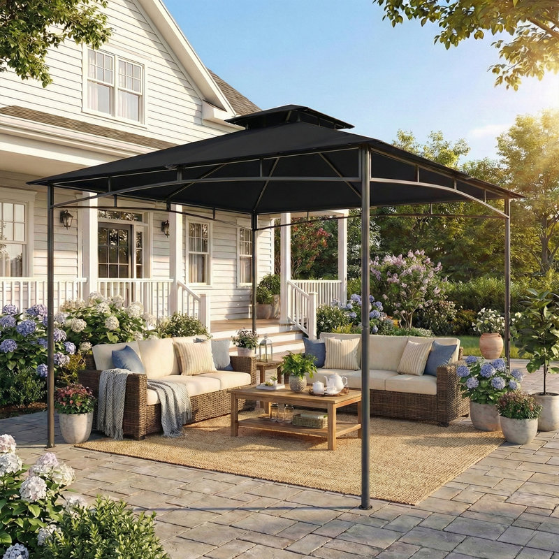 Pavillon de jardin 10 pi x 10 pi à toit souple avec toit à 2 niveaux, noir, Noir
