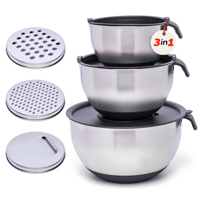 Stainless Steel Mixing Bowls, Large Nesting Bowls with Airtight Lids, Set of 3, (Black)