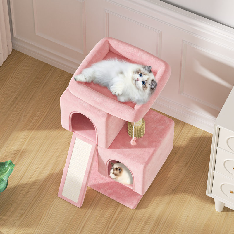 Duan 34" Cat Tree, Kitten Tower Condo Cat House with Scratching Post, Toy Ball, Ramp and Perch Bed, Light Pink