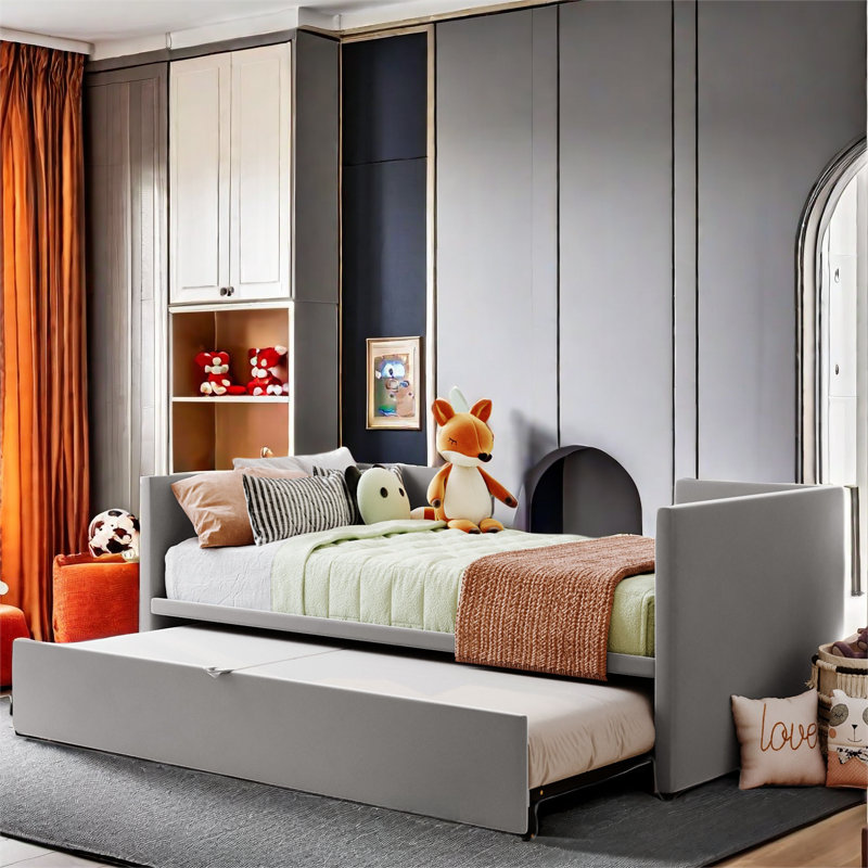 Azekiel Twin Size Upholstered Daybed with Pop Up Trundle, Gray