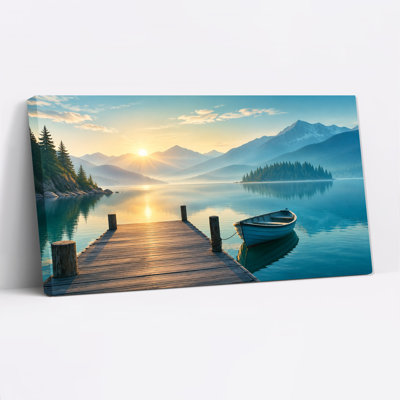 Tableau sur toile représentant un quai en bois et un bateau bleu au lever du soleil sur un lac en montagne