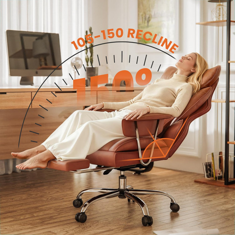 Ergonomic Adjustable Reclining Swiveling Office Chair - Faux Leather with Footrest for PC, Brown